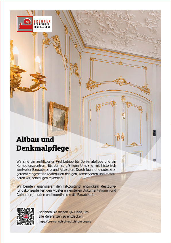 Titelblatt des Referenzflyers zum Thema Altbau und Denkmalpflege von der Schreinerei R. Brunner AG Zürich