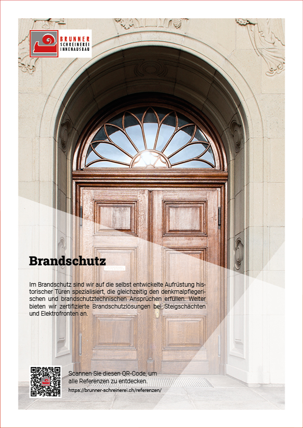 Titelblatt des Referenzflyers zum Thema Brandschutz von der Schreinerei R. Brunner AG Zürich