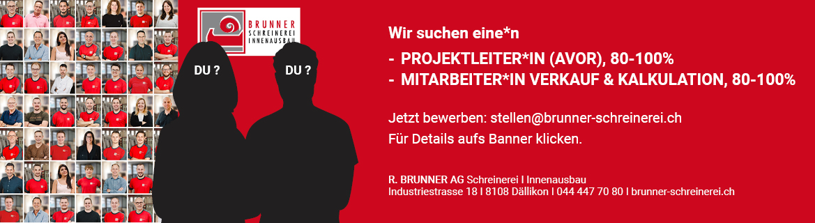 Banner mit Stellenangeboten für Projektleiter*innen und Mitarbeiter*innen Verkauf & Kalkulation, beide Stellen 80-100%