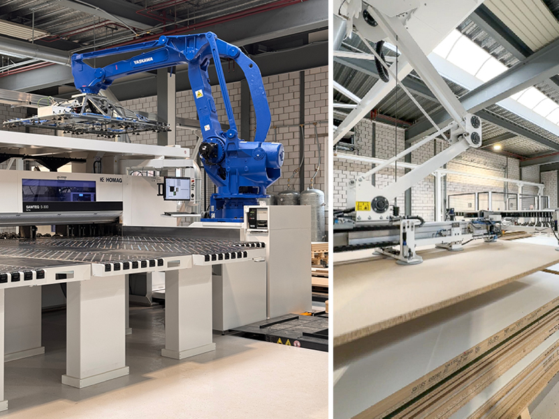 Die Roboter SAWTEQ S-300 flexTec und das automatische Plattenlager STORETEQ P-300 von HOMAG unterstützen neu unsere Schreinerinnen und Schreiner