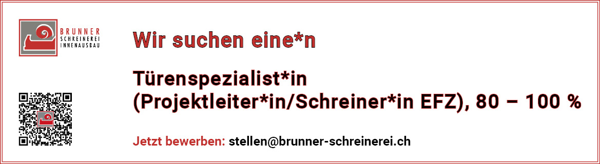 Banner mit einem offenen Job als Projektverantwortung, 100 % und Türenspezialist*in (Projektleiter*in/Schreiner*in EFZ), 80 – 100 % der Schreinerei R. Brunner AG in Dällikon und Zürich